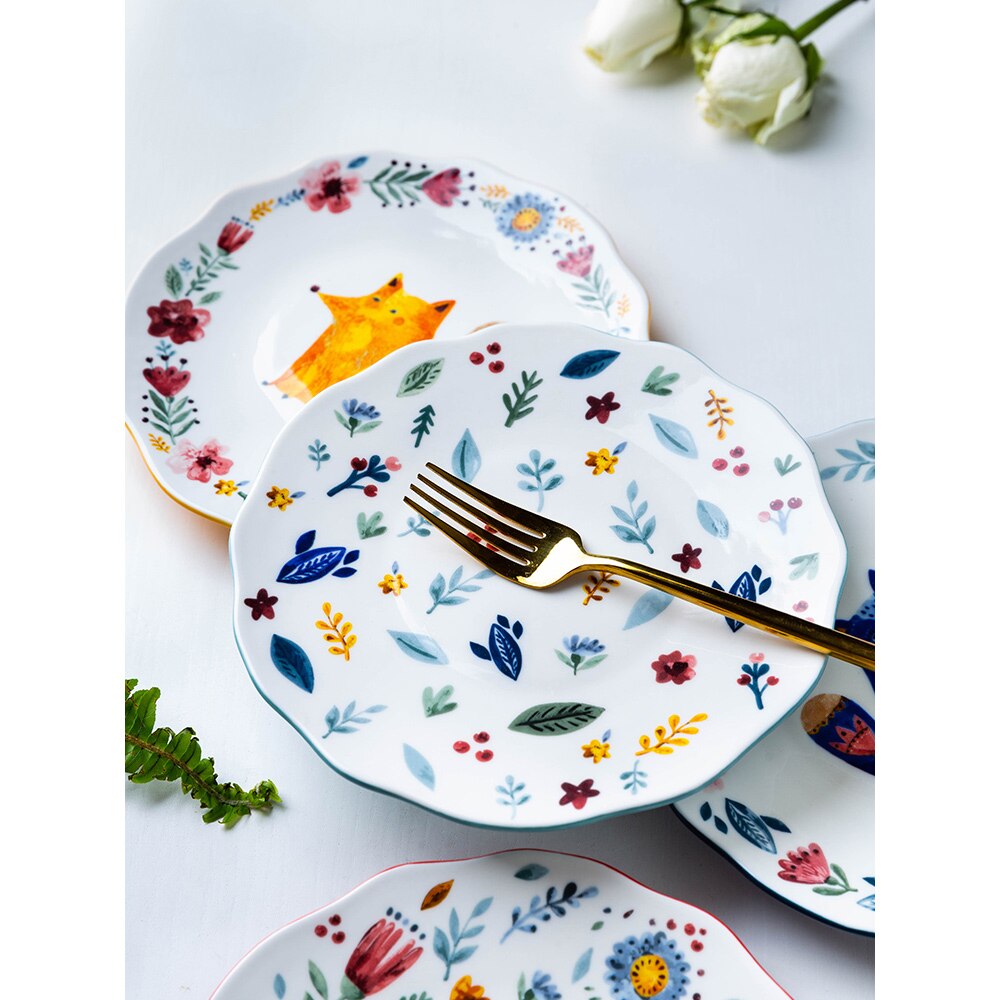 ceramic plate 8inch cute carton dishes and plates sets floral fox printed under glazed dinner plates round children dessert dish