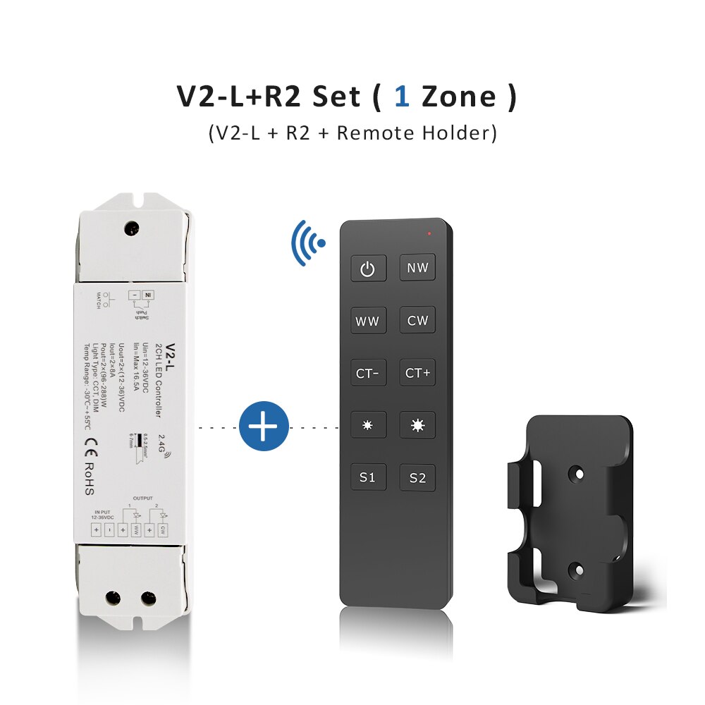 WW CW LED Controller 12V 24V 36V 2CH 16A 2.4G Wireless Remote Control RF LED Dimmer Switch for CCT Daul White LED Strip Light: V2-L and R2 Set