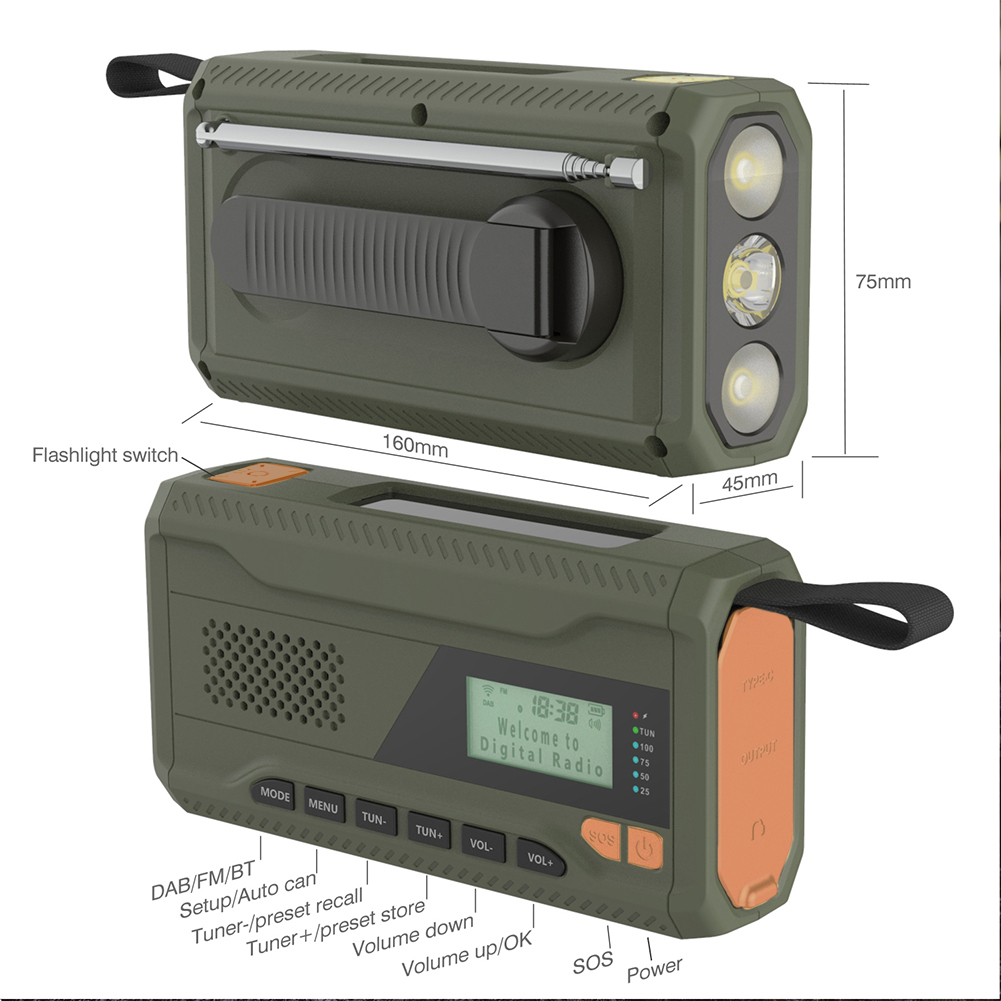 Portable DAB FM Radio with Flashlight Emergency Weather Radio Bluetooth Speaker Solar Hand Crank Radio Receiver for Camping
