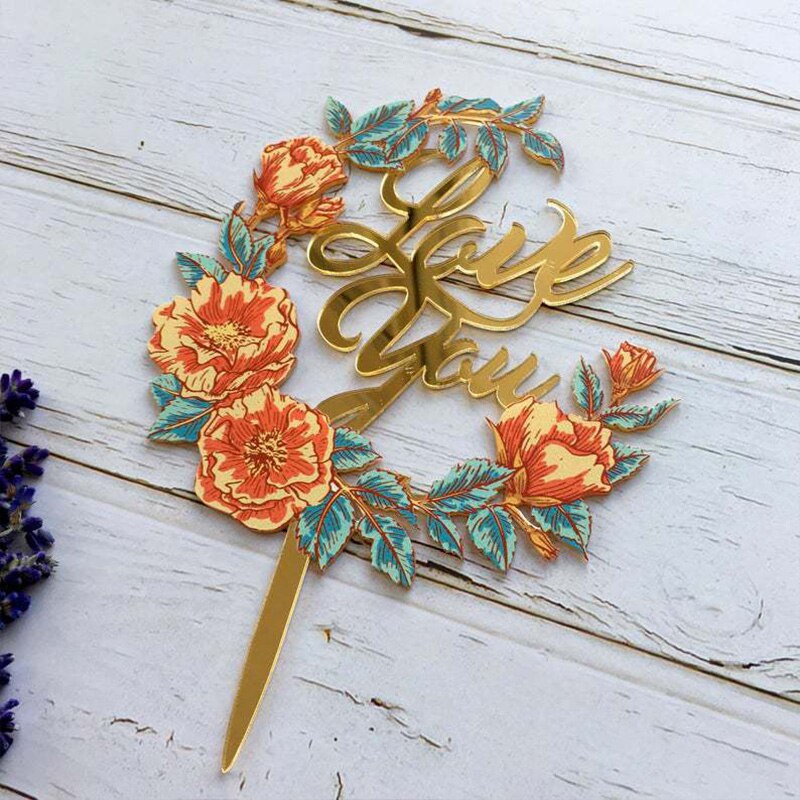 Love You Acrylic Wedding Cake Topper Rose Gold Letter Flower Anniversary Cake Flags for Valentine's Day Cake Decoration Supplies