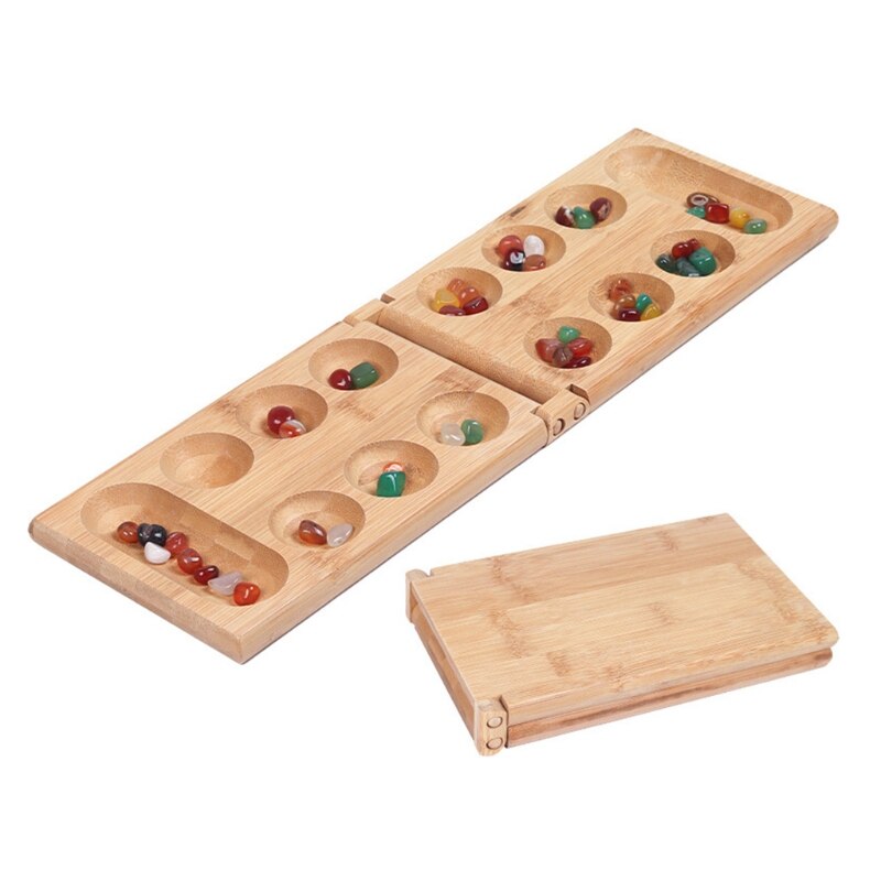 Mancala brettspill med fargerike steiner småstein folde trebrett sjakksett  r9jd