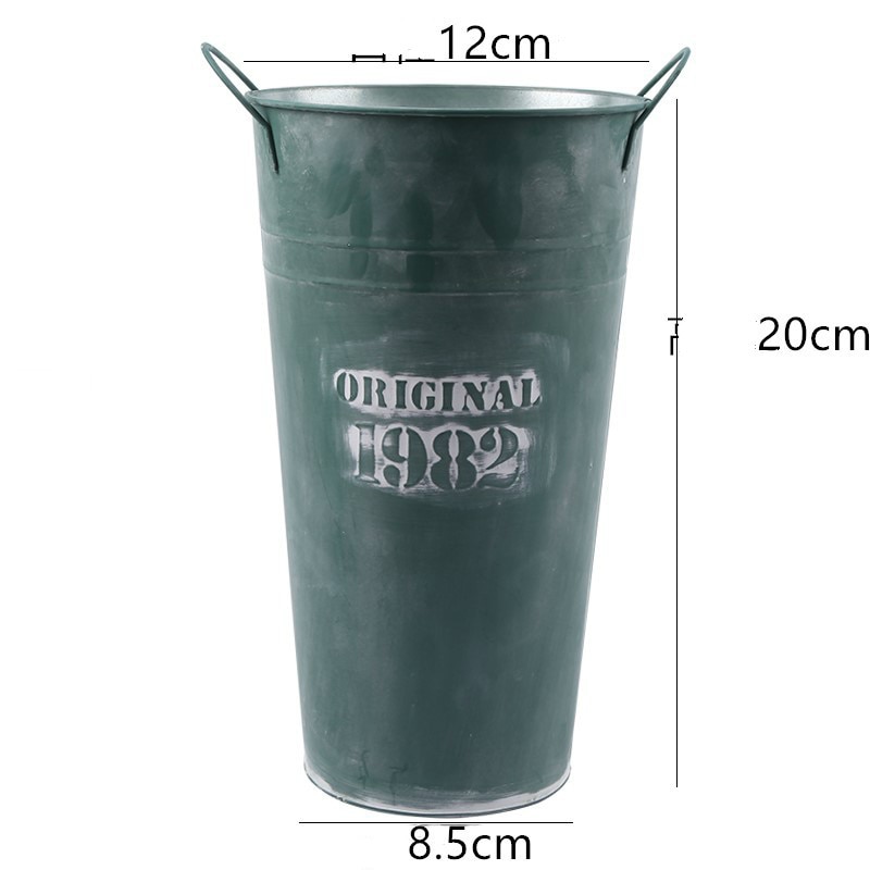 Retro White Flower Bucket Metal Flower Pot Floral Plants Iron Storage Container Garden Home Tabletop Decoration: dark green 12 x 20cm