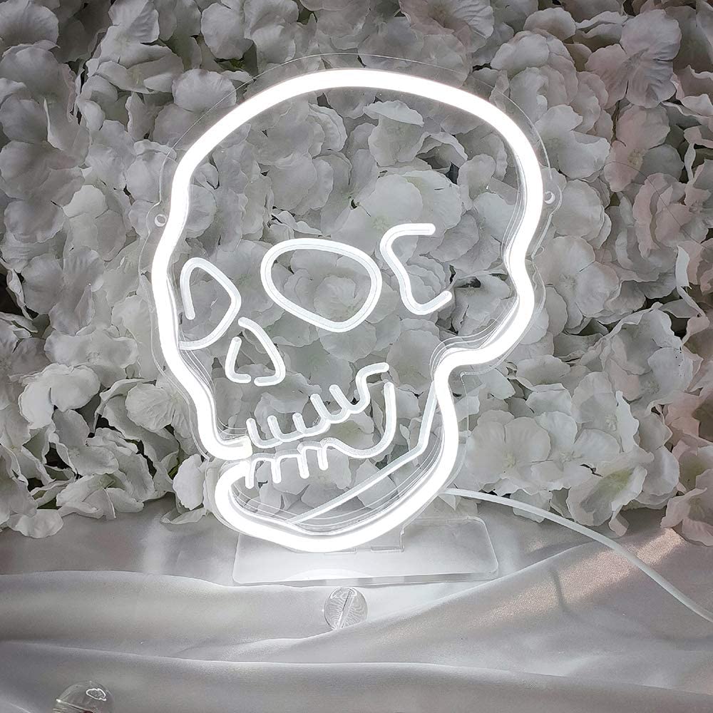 Skull Neon Sign 3D Art USB White Dimmable Switch Neon Sign with Stand Base for Living Room Shop Bar Sign Halloween Decoration