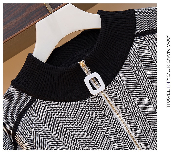 Autumn Women Geometric Knitting Tracksuit Zipper Cardigans jacket+ Pants Female Winter 2pcs Sports Set