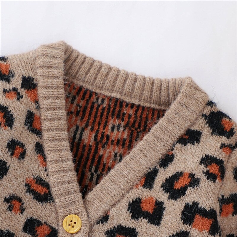 0-24M Baby Girls kids Autumn Winter Leopard Print Sweater Coat Long Sleeve V-neck Button-up Knitted Cardigan Kids Warm Tops