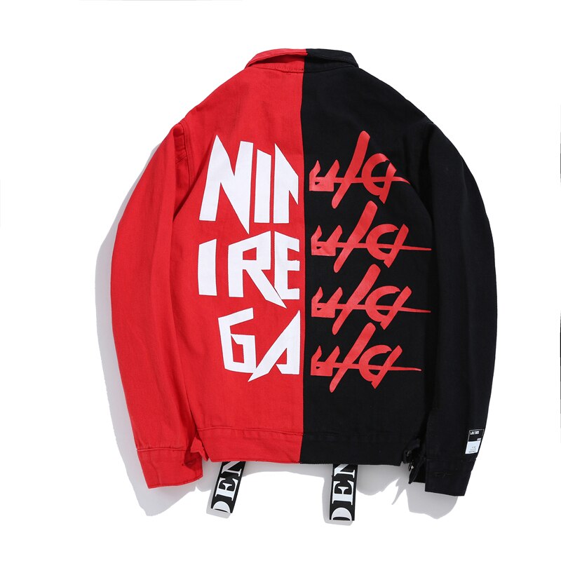 [hangjia] hip hop rød / sort farve blok denim jakke streetwear mænds trend patch brev print bånd løs urban jakke