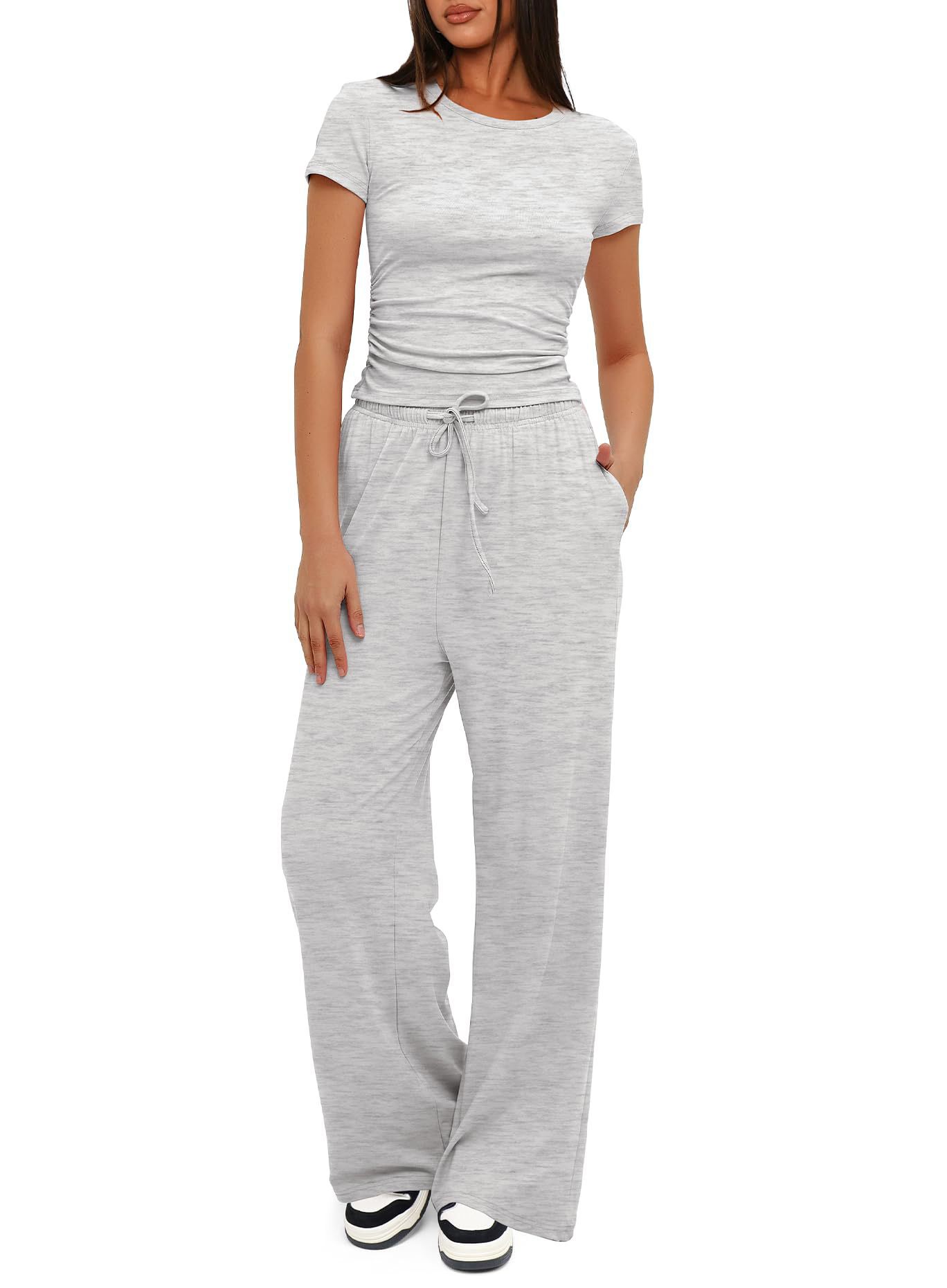 Conjunto de dos piezas para mujer, camiseta y pantalones de pierna ancha, manga corta, cintura alta, sólido, multicolor, deportivo, Yoga, chándal informal: XL / Gris claro