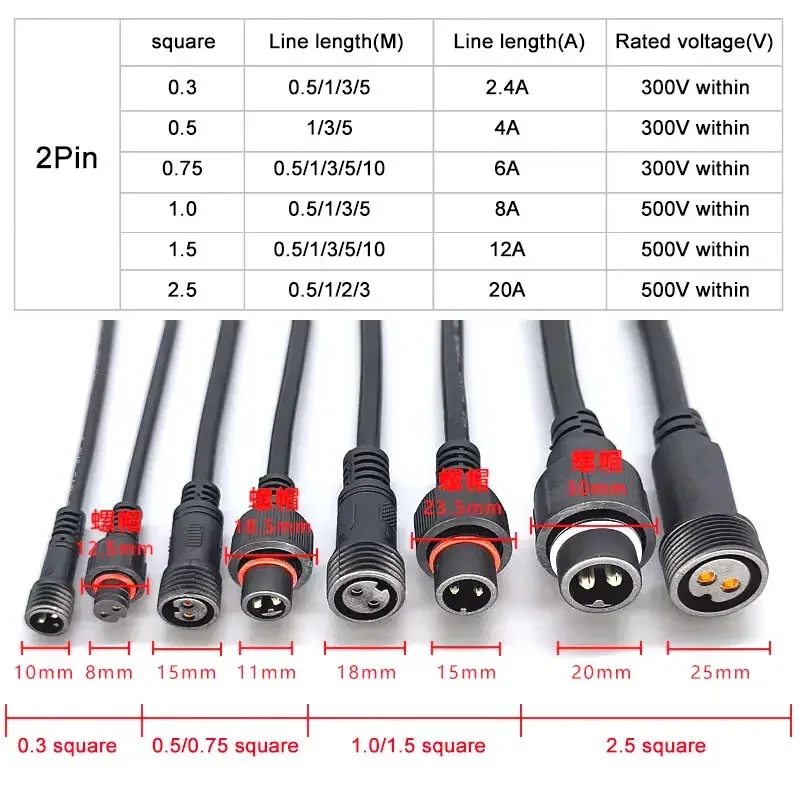 Cable de extensión impermeable de 2 pines macho a hembra 0,3/0,5/0,75/1,0/1,5/2,5 enchufe cuadrado conector LED para exteriores cable de alimentación de lámpara de 10M