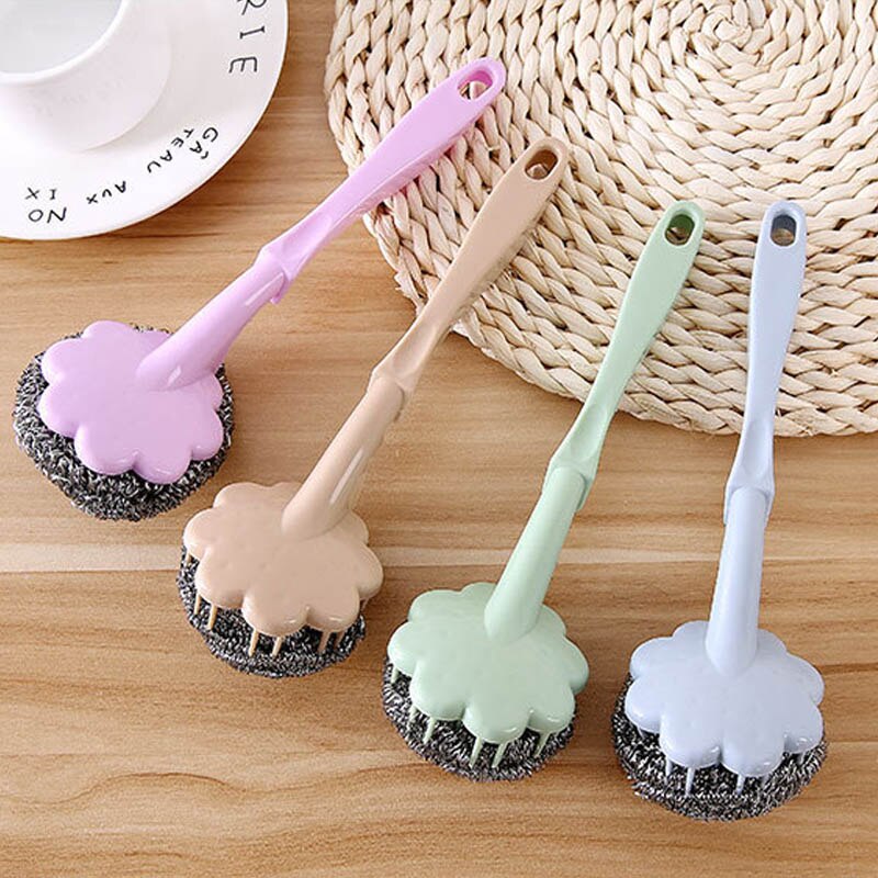 Cepillo de bola de alambre de acero inoxidable de utilidad, cepillo de limpieza con mango largo para colgar en la cocina, herramientas de limpieza en profundidad, 1 Uds.