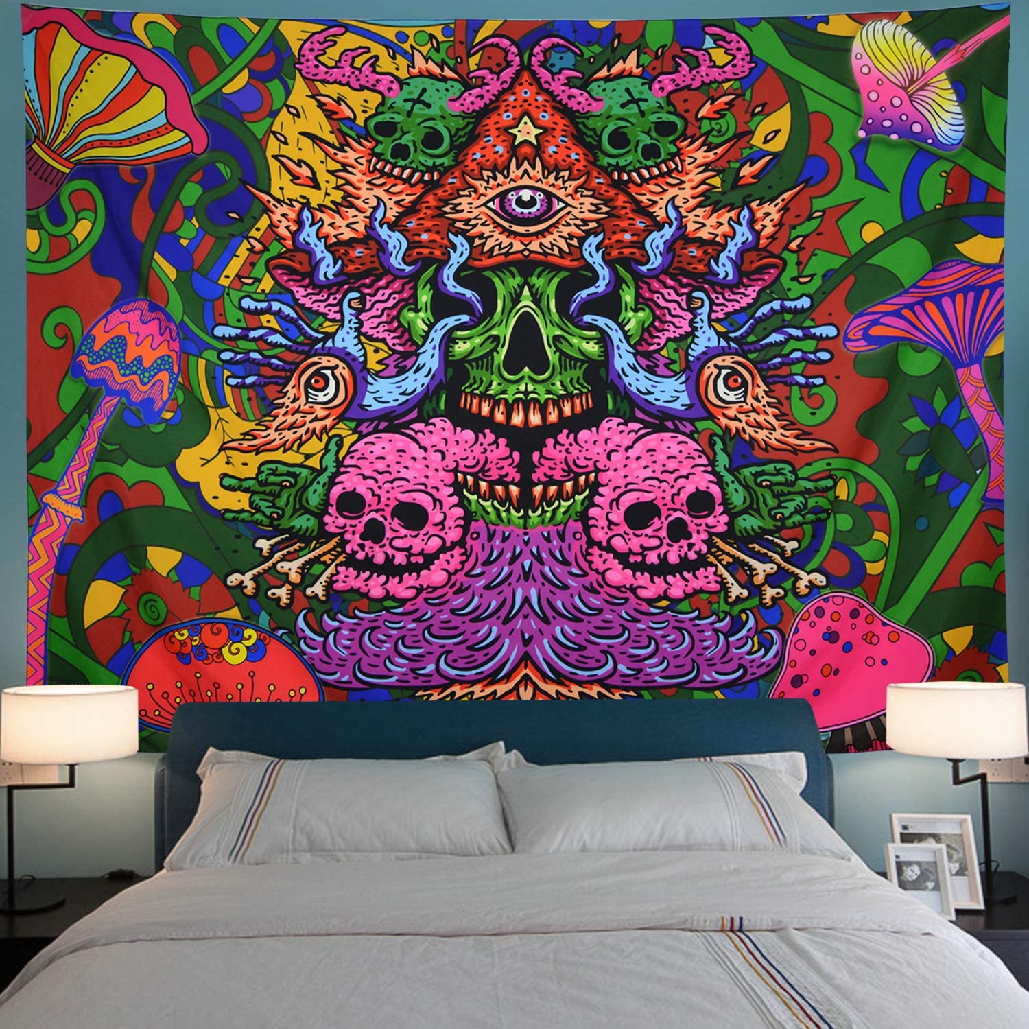 Skull Tapestry Trippy Mushrooms Tapestry Fantasy Fractal Tapestry Bohemian Hippie Tapestry Wall Hanging for Room 3 Size
