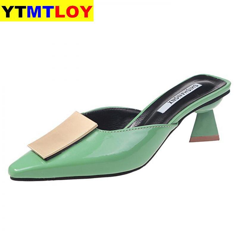 Sommer Frauen Sandalen Hochzeit Schuhe Braut Spitz Frau Hausschuhe Niedrigen Fersen Kleid Schuh alias mujer Zapatos Mujer Grün: Grün / 35