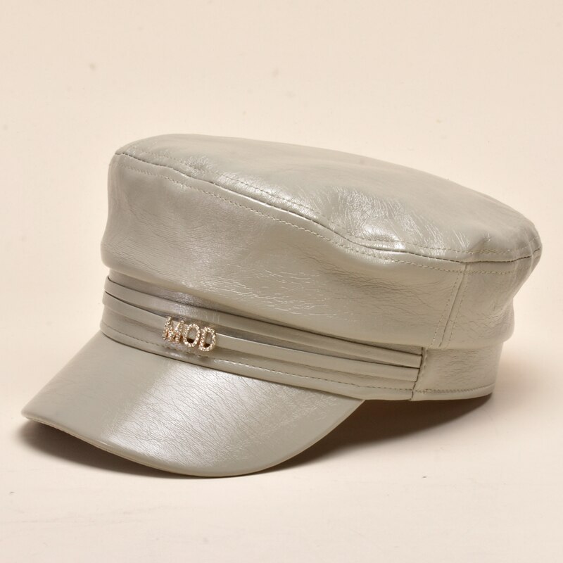 Efterår klassisk britisk stil kunstlæder beret hue glitter kvinder nyhedsdreng marineblå hat sømand hat kaptajn cap rejse kadet hat: Khaki