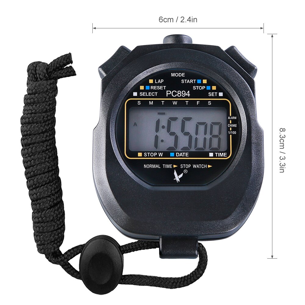 Single Row 2 Memories Stopwatch Sports Timer IPX7 Waterproof with Calendar Alarm Stopwatch with Time Date Display Digital