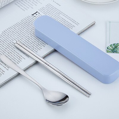 Tableware Reusable Travel Cutlery Set Camp Utensils Set with stainless steel Spoon Fork Chopsticks Straw Portable case: blue