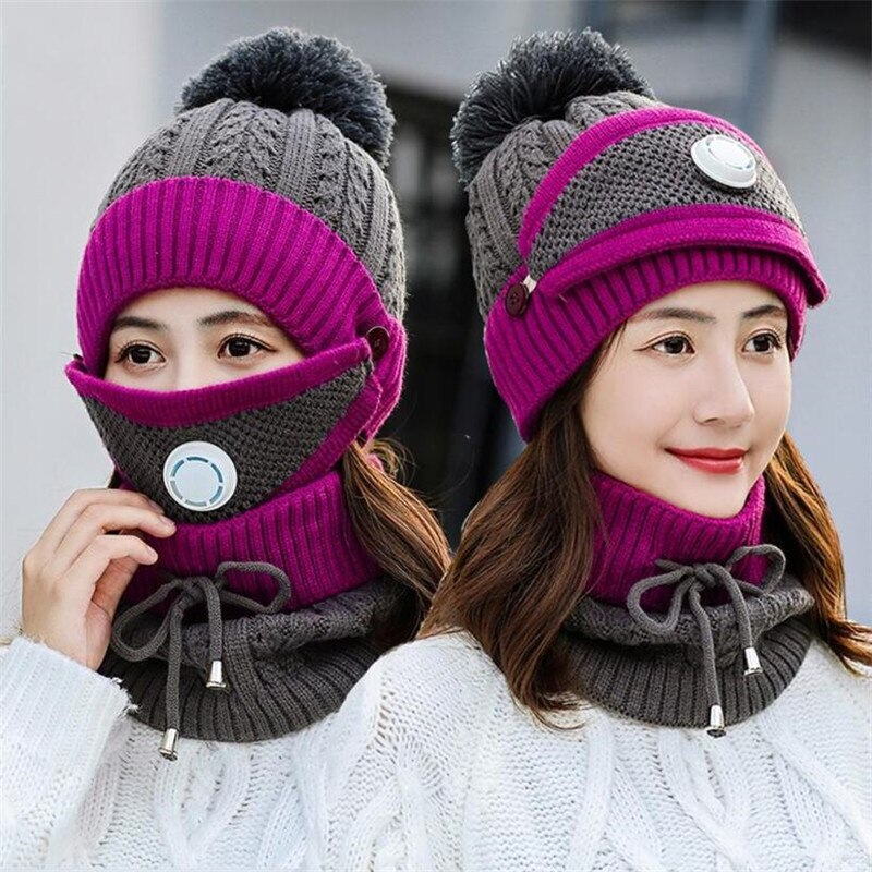3 Pieces Set Women's Knitted Hat Scarf Caps Neck Warmer Winter Hat for Ladies Girls Skullies Beanies Warm Fleece Caps: grey