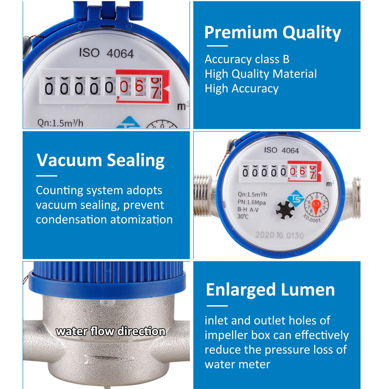 15Mm 1/2 Inch Koud Water Meter Met Gratis Fittings Roterende Teller Water Meten Meter 0.0001 Voor Tuin & Huis gebruik