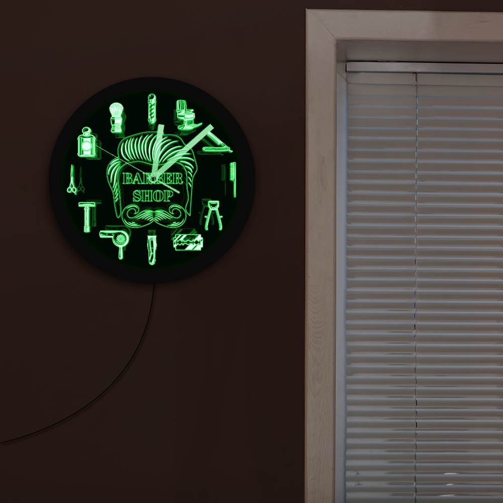 Letrero de negocios LED para barbería, herramientas de peluquero, reloj de pared LED de neón, cambia de Color, reloj de pared moderno con iluminación LED