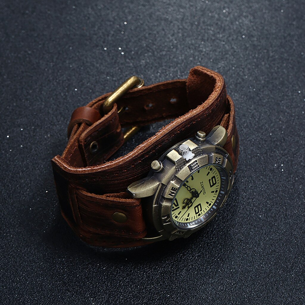Retro Horloge Mannen Punk Retro Eenvoudige Pin Gesp Riem Lederen Band Horloge Relogio Masculino Bruin Grote Brede Lederen Armband Manchet mannen