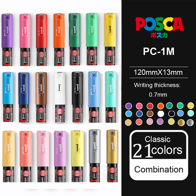 Uni Posca – ensemble complet de marqueurs de peinture acrylique, stylos PC-1M PC-3M PC-5M 7/8/12/15/24/29C pour peinture sur roche, Frabric, verre/métal, Graffiti: Jaune Camouflage