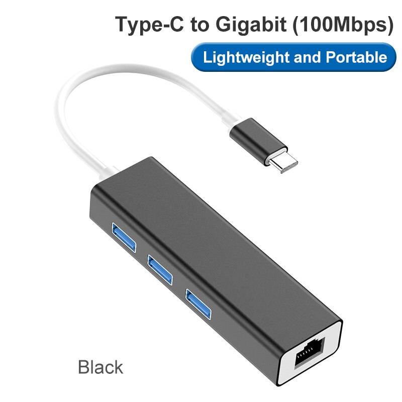 Prix usine USB 3.1 type-c à lan rj45 Ethernet réseau Port 3.0 USB HUB câble adaptateur: Black