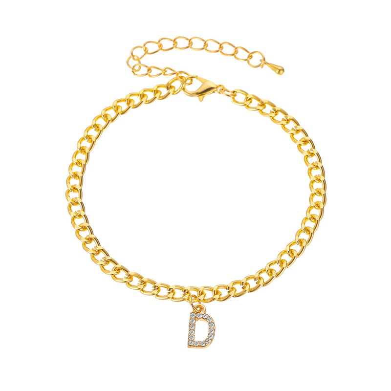 Enkelbandje met gouden letters voor dames, handgemaakt met strass-steentjes en initiaal, met voetketting en sieraden.: D