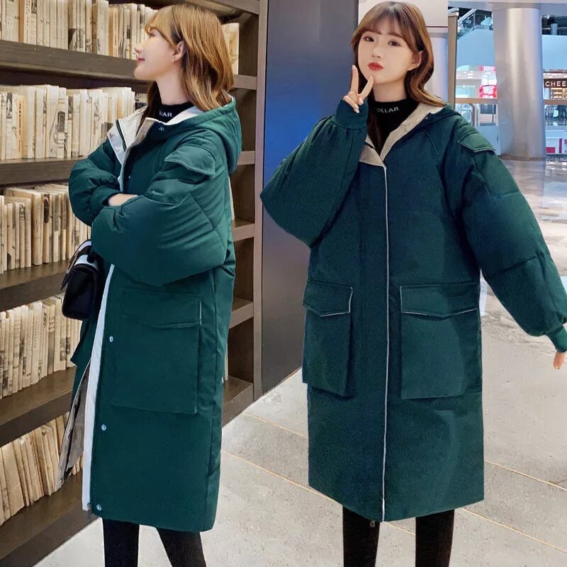 #39 vinterjakker x-lang vinterfrakk for kvinner hette korea-stil tykk solid stor lomme, løse parkas dame: Grønn / L