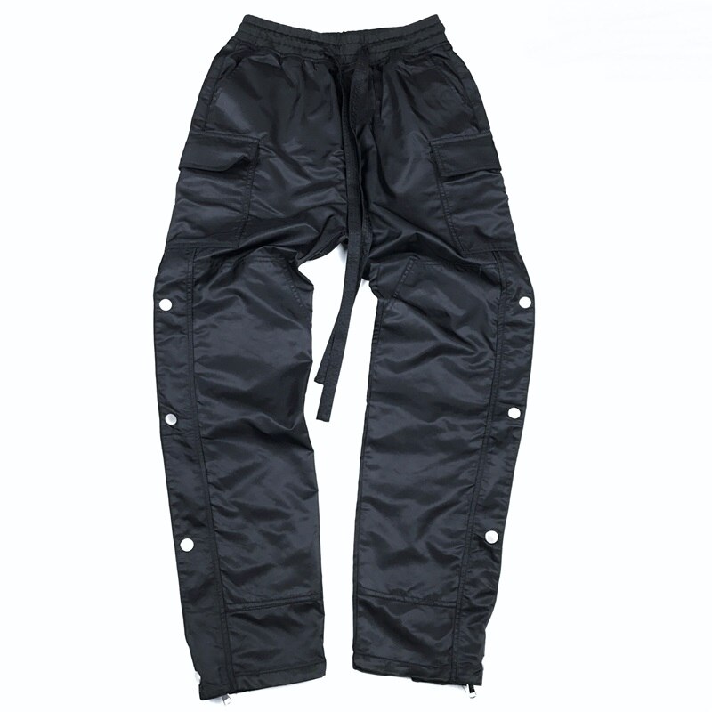 Men Side Snap Cargo Pants Hip Hop Slim Fit Ribboned Waistband Track Pants Black: S size 29