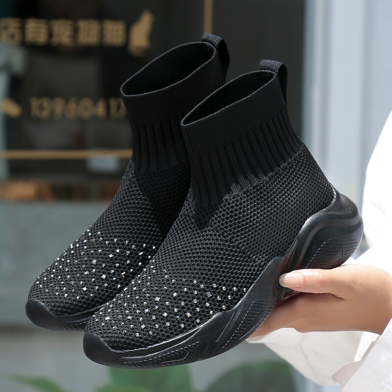 Vrouw Platform Schoenen Mode Sneakers Zachte Hak Vrouw Casual Schoenen High-Top Gebreide Vrouw Leisure Enkelsok Stof Mesh flats