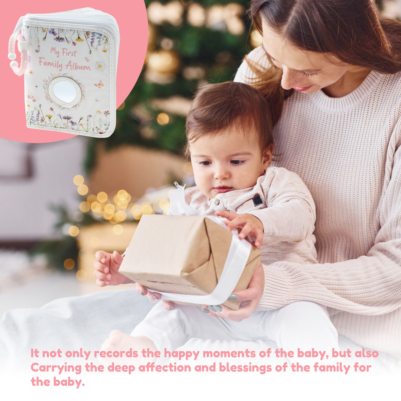 Baby Photo Memory Book with Hook Mirror Newborn First Family Photo Album Holds 17 Photos Baby Shower Gender Reveal Party