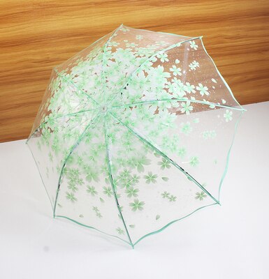 Fortykning gennemsigtig tre gange regn paraply japansk kirsebærblomst plast pvc klar falbala paraplyer kvinder parapluie: Lysegrøn