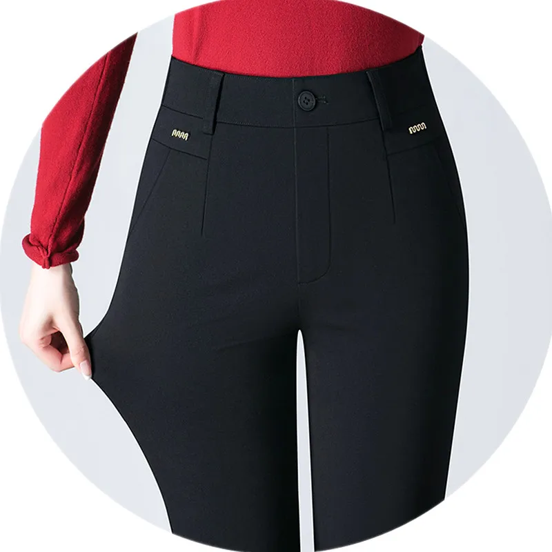 Svarta dambyxor med vardagskläder, snygga stretchbyxor, mörkblå khakifärgade slim fit-byxor, asiatisk storlek 27-33,
