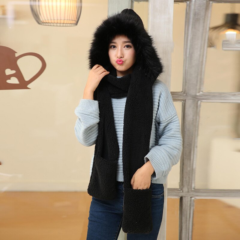 3 In 1 Women Winter Warm Soft Hood Scarf Snood Pocket Hats Gloves Hooded Srarves Scarf Hat Glove 3 Piece Sets: Black