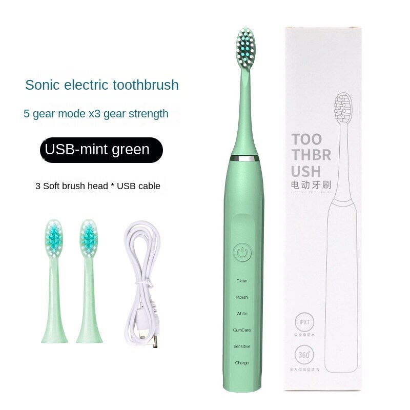 Electric Toothbrush Sonic Household USB Charging Intelligence Cleaner Sound Waves Device Maglev: USB charging  green