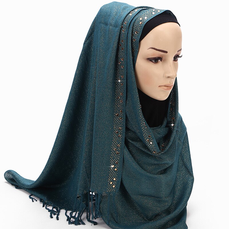 Enfärgad svart vit grön vanligt huvud hijab halsduk bandana dam diamant glitter lång viskos tofs fransar halsdukar