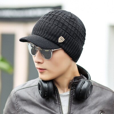 Gestrickte Männer Frauen Winter Mützen Hüte Sturmhaube Vlies Schädel Erreichte Kappen Schal Gesicht Maske Wolle Warme Skullies Gorros: Schwarz