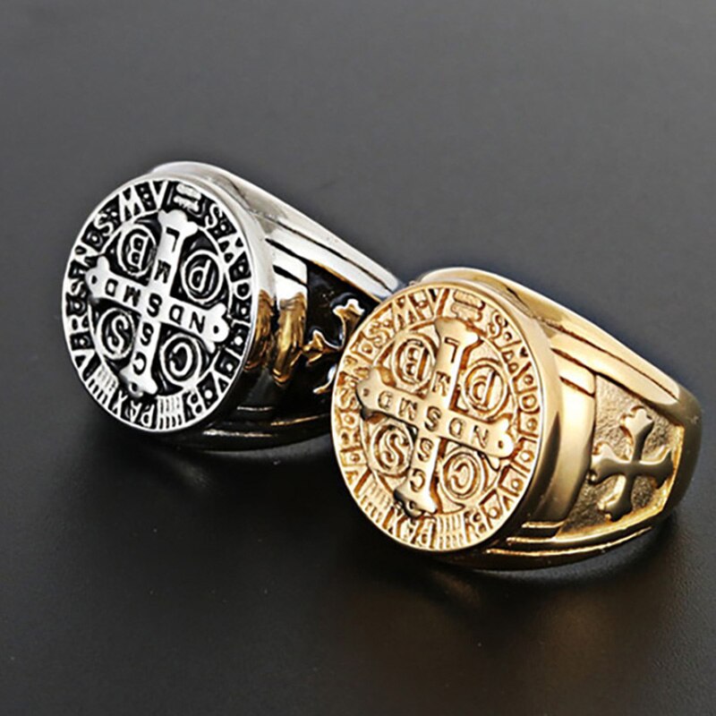 Stainless Steel Catholic Patron Saint St Benedict of Nursia Holy Medal Cross Ring Mens Punk Jewelry VRSNSMV SMQLIVB NDSMD CSSML