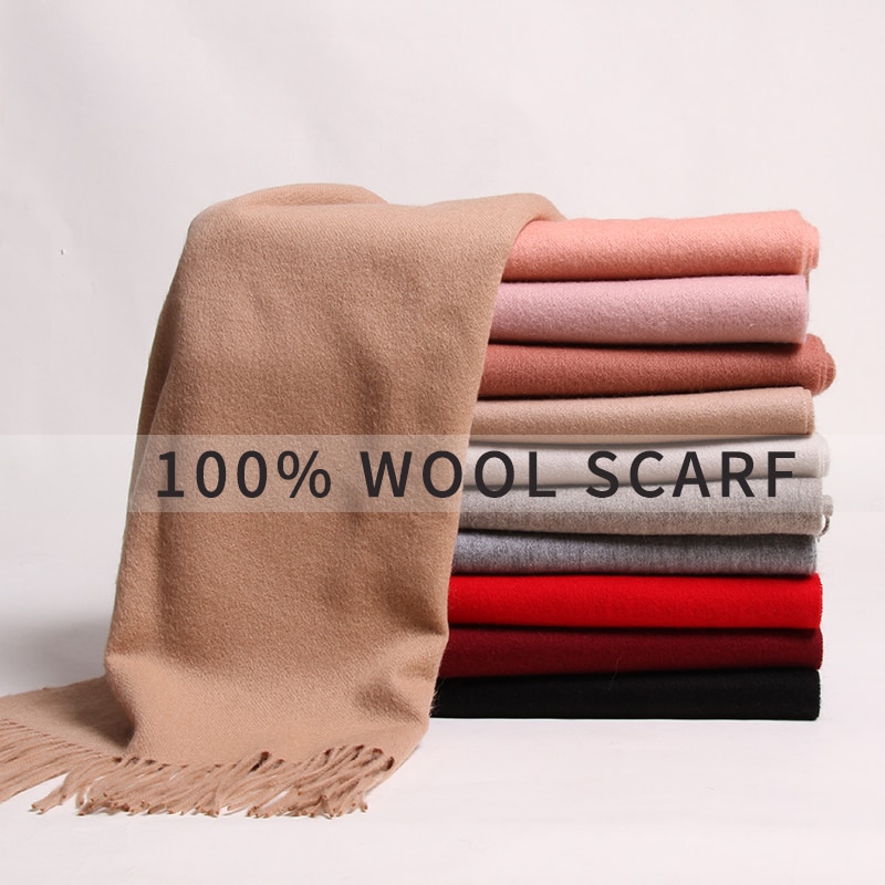 Vinter kvinder tørklæde woo solid echarpe wraps til damer foulard femme med kvast varm merino rød uld tørklæder kashmir
