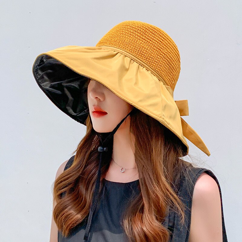 Sun Hats for Women Summer Black Glue Bow Female Panama Hollow Straw Hat UV Protection Big Brim Face Sunscreen Sun Bucket-Hats: Yellow