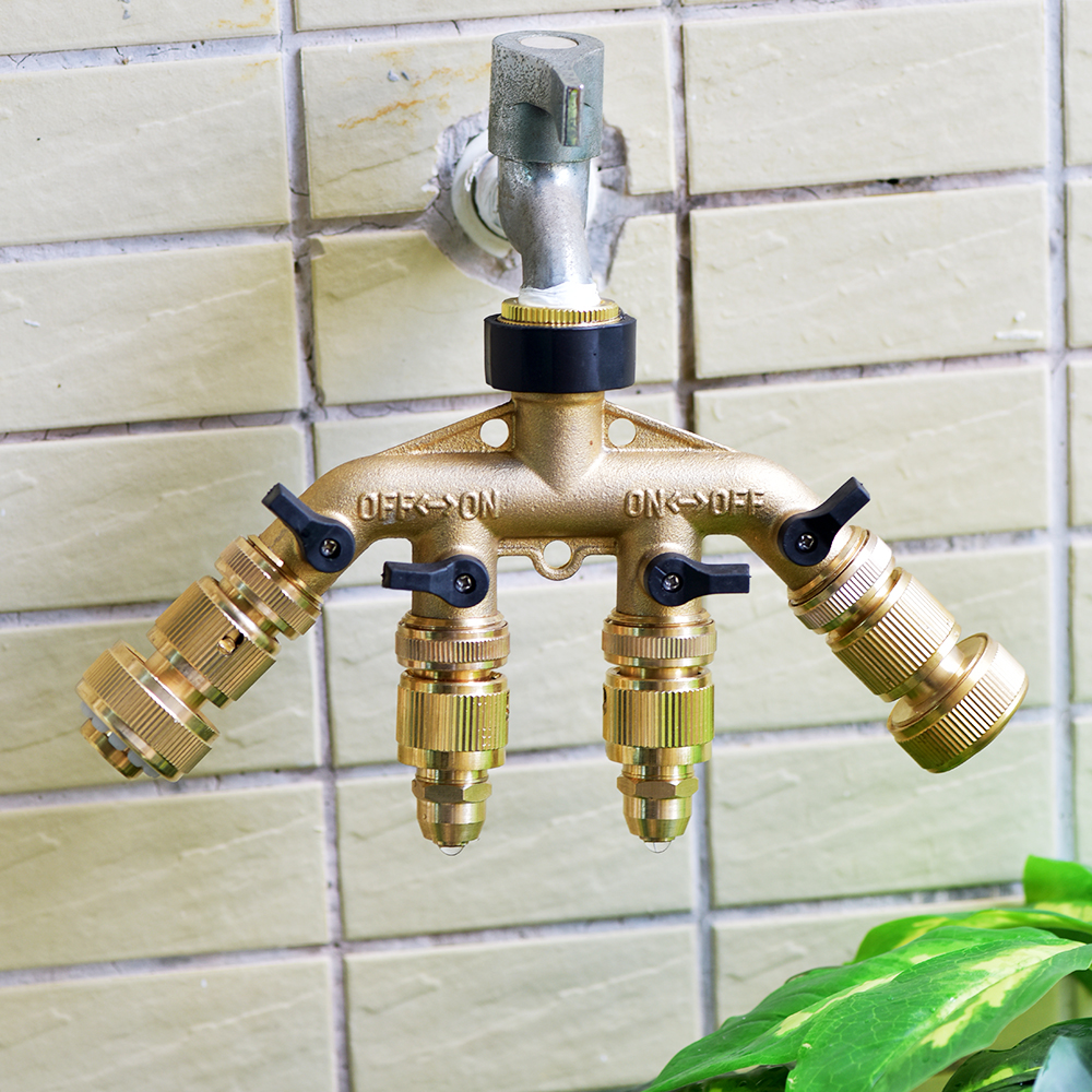 4 Way Brass Garden Hose Splitter Y-Type Watering Tap Connector Distributor For Outdoor Tap and Faucet Garden