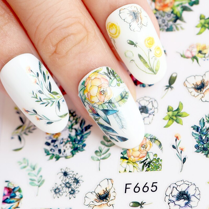 Bloem Serie Nail Zelfklevende Decal Stickers Bloem Bladeren Patroon Met Back Lijm Sticker Nail Art Decoratie F665