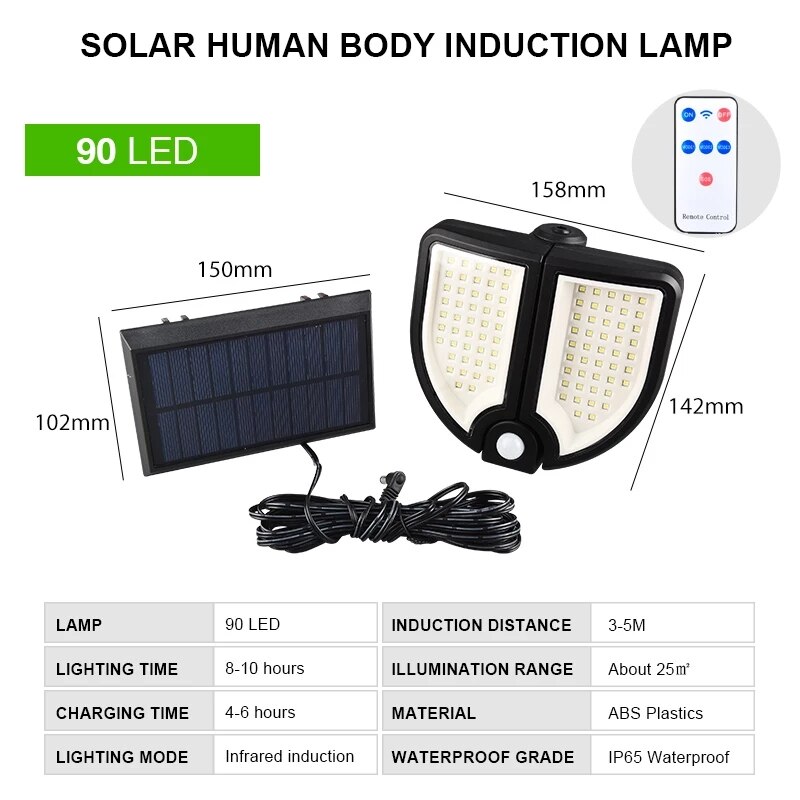 Solar Lights Outdoor with Solar Panel Remote Control 90 LED 3D Round Adjustable Induction Sensor Waterproof Wall Lamp Garage