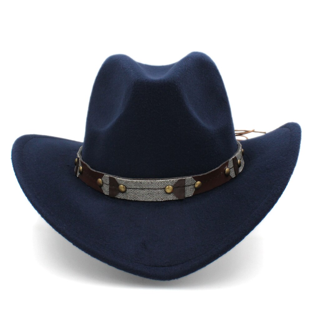 Mistdawn-Sombrero de vaquero occidental clásico Retro Unisex, gorra de ala ancha con banda de cuero, tamaño 56-58cm: Navy Blue
