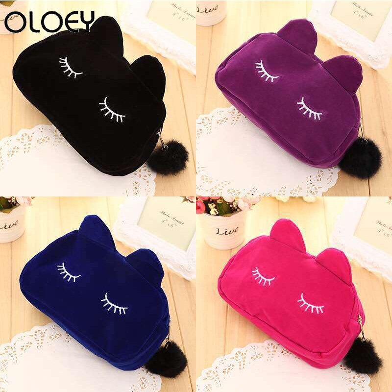 Stoffen schoonheidsset reis toilettas schattige kat pluche tas