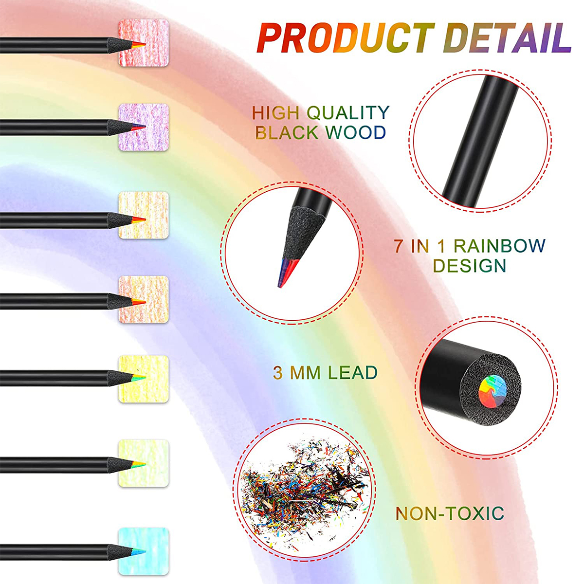 10 lápices de colores de madera negra, lápiz de dibujo arcoíris 7 en 1. para dibujar, garabatear, colorear, pintar