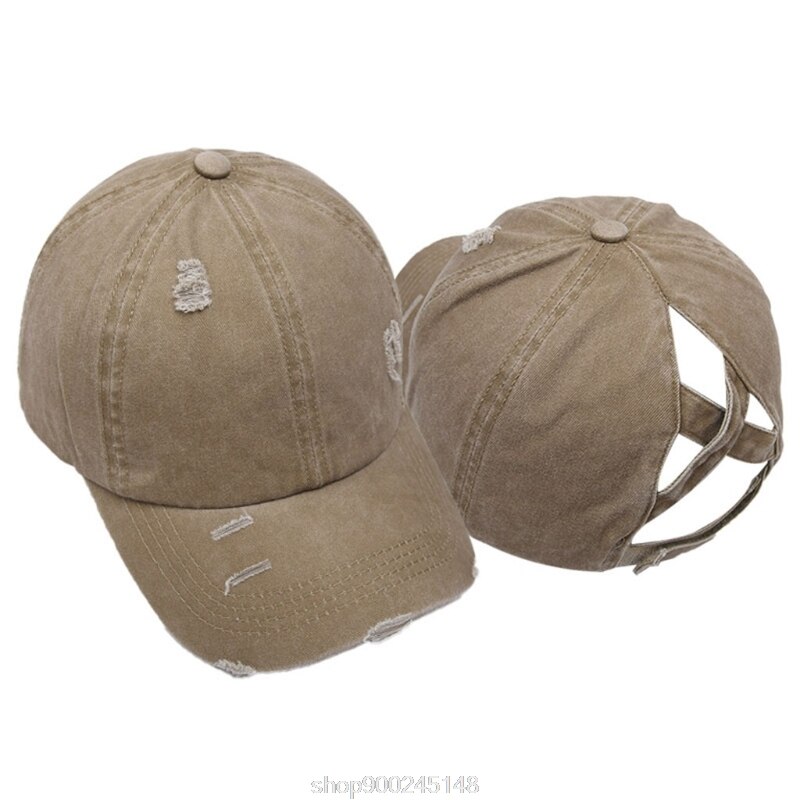 Femmes lavé casquette de Baseball crème solaire en détresse déchiré Criss croix haute queue de cheval réglable chapeau de relance N12 20 directe: Kaki