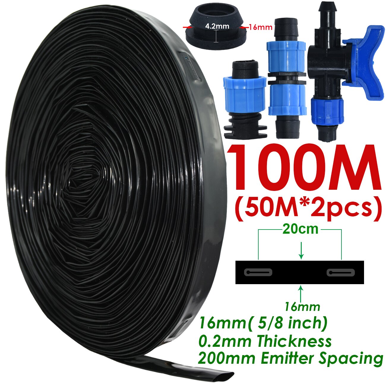 KESLA 20-150M 5/8 ''16mm 0.2mm gruba taśma kroplująca robić nawadniania 8mil 20cm emiter Dripper odstępy szklarnia ogród podłącz twardy wąż: KSL01-KI146-100M