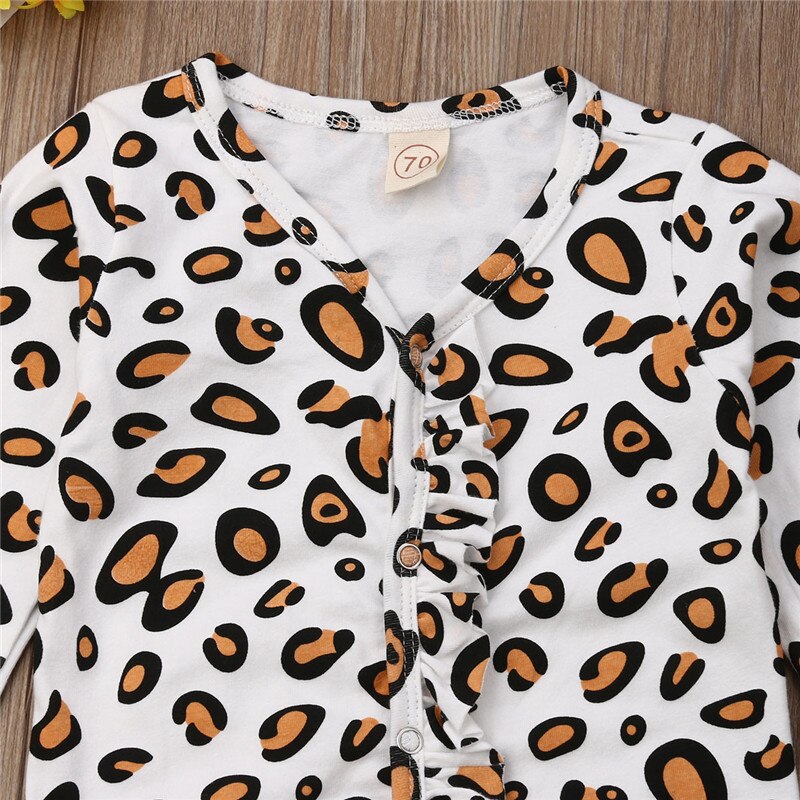 Newborn Infant Baby Boy Girl Leopard Cotton Romper long sleeve v neck button Jumpsuit Bodysuit Clothes