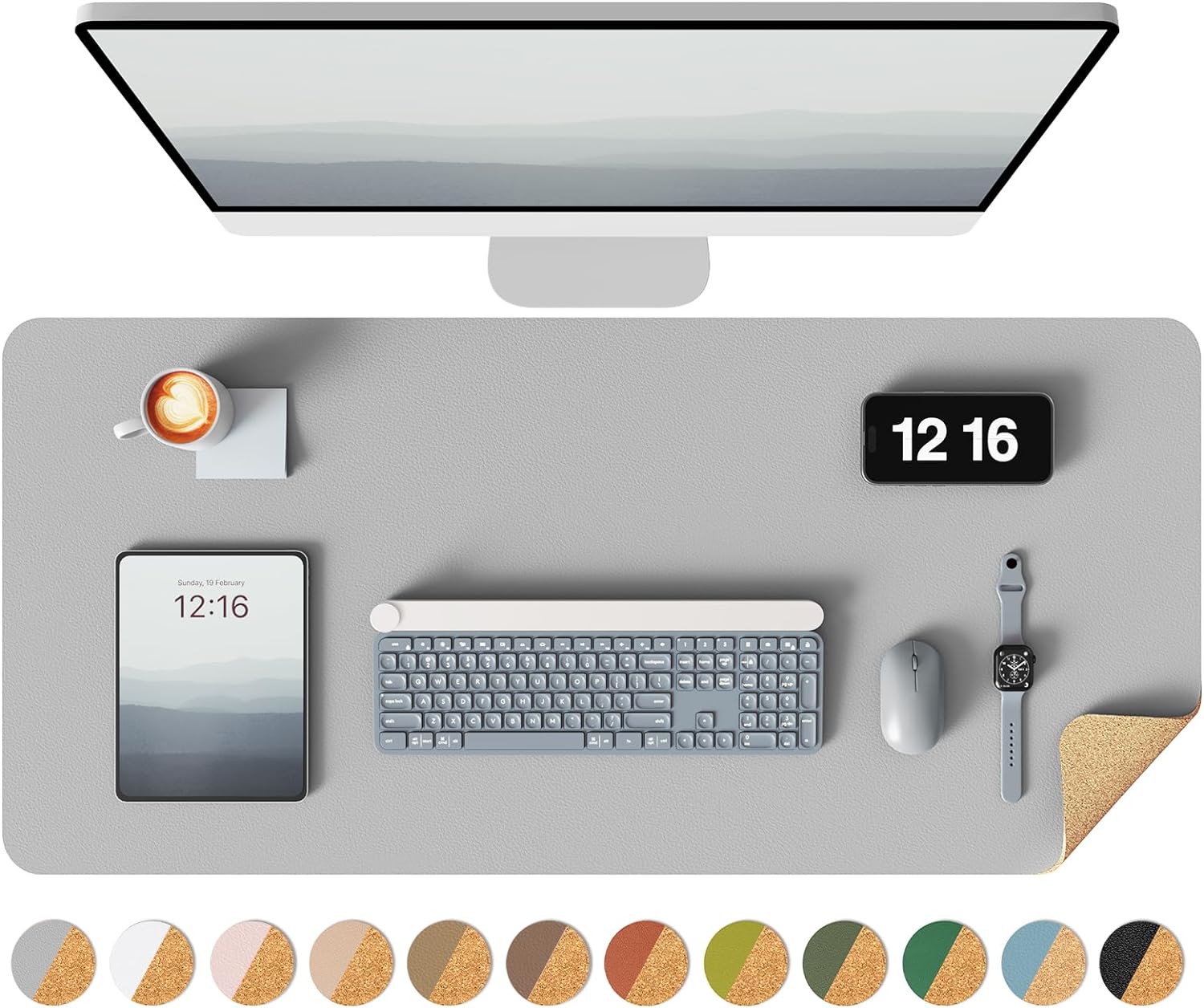 Xxl-doppelseiten-schreibtischunterlage, schreibtischschutz aus öko-kork, schreibtischmatte aus leder, großes mauspad, wasserfeste schreibtischunterlage für büro/zuhause: 60 x 30 cm / Grau