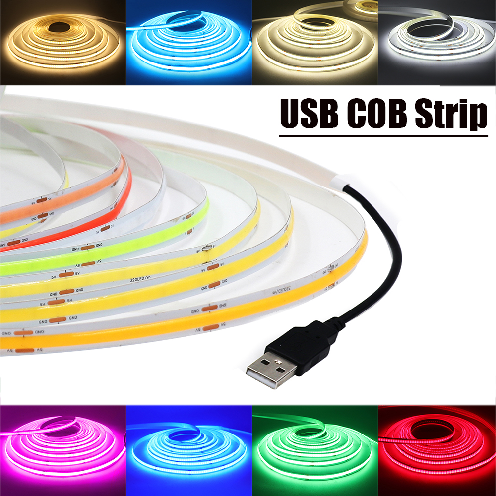 Tira de luces LED COB para iluminación trasera de TV, cinta Flexible de 5V CC, USB, 320LED/M, Blanco/azul hielo/rosa/amarillo/rosa/rojo/verde, lámpara de noche