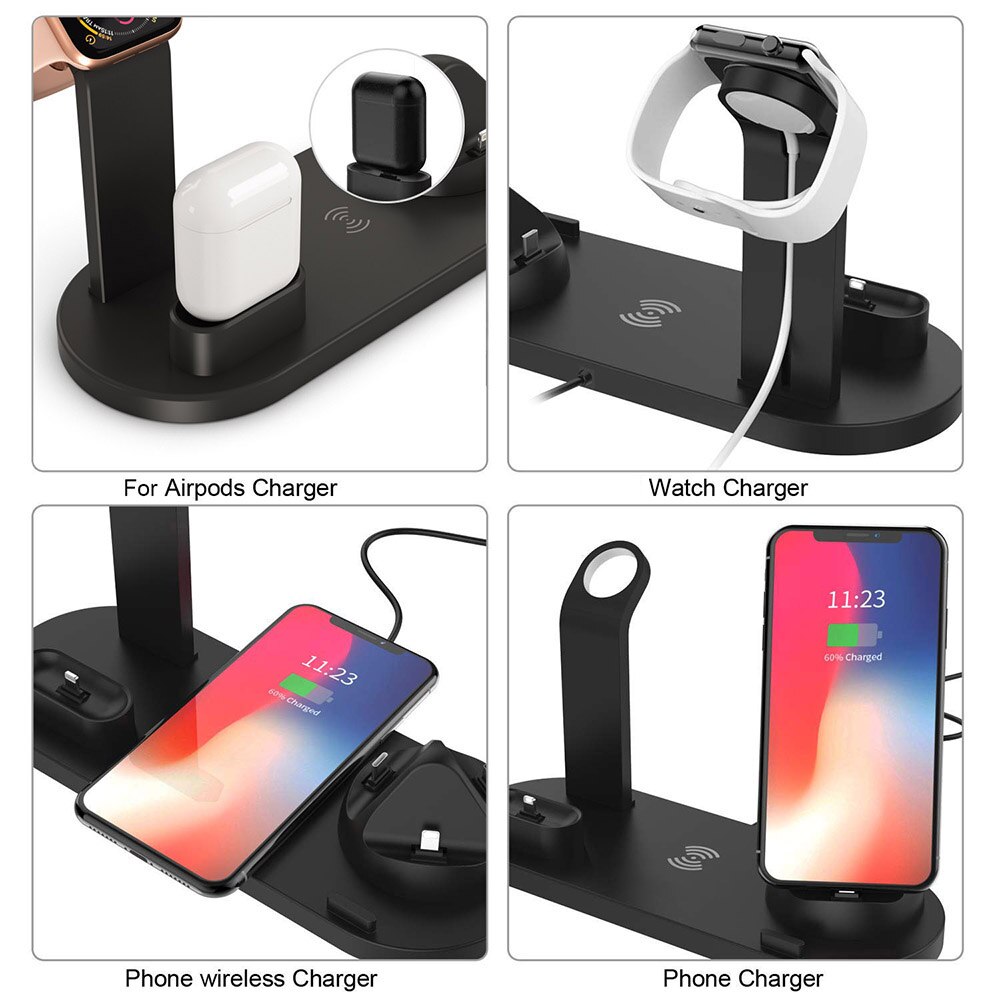 Carregador sem fio rápido qi 6 em 1, 10w, para iphone 11 x xs max xr 8 7 6 plus doca de carregamento para airpods pro, apple watch